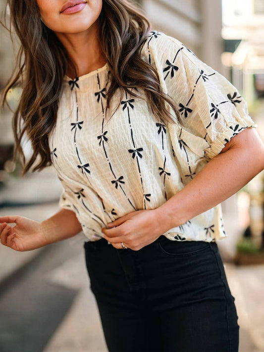 Bow Print Puff Short Sleeve Top