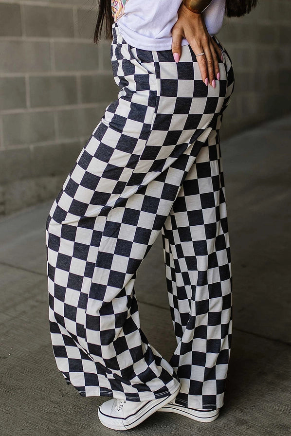 Checkerboard High Waist Wide Leg Pants