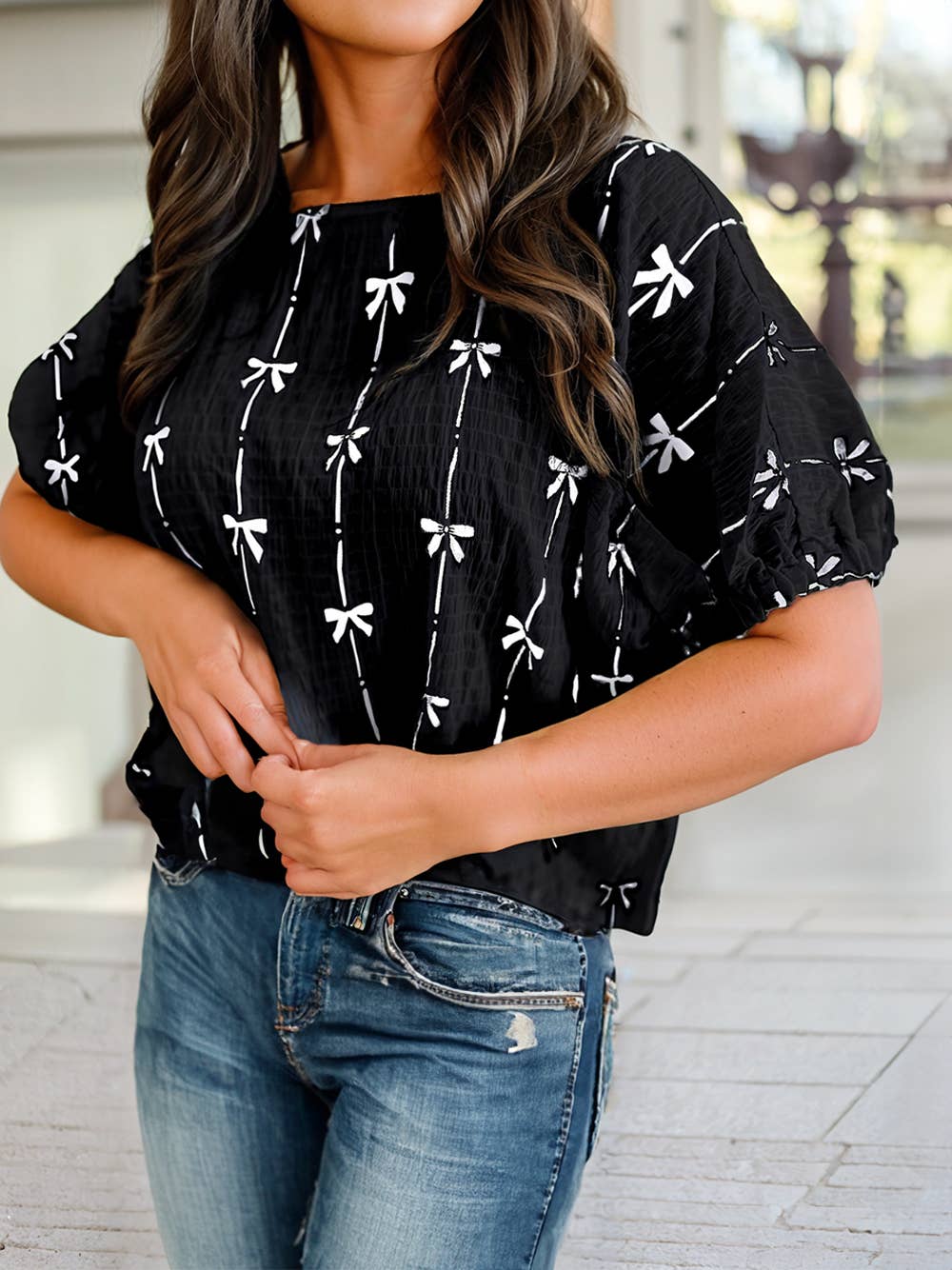 Bow Print Puff Short Sleeve Top