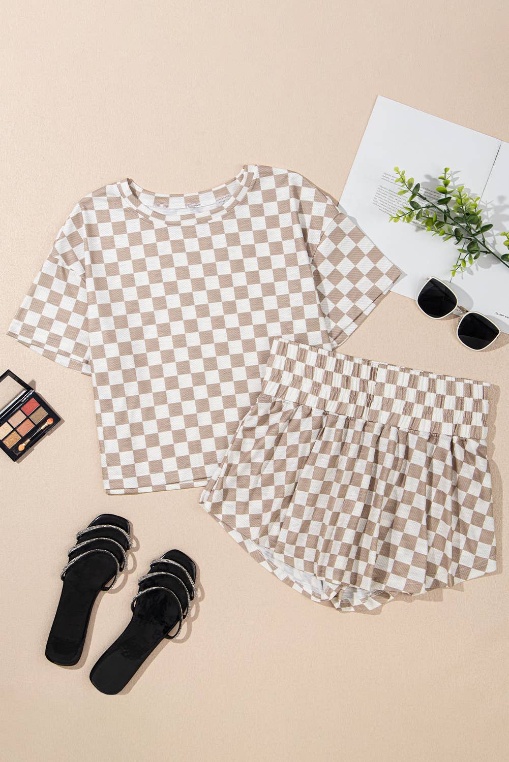 Checkerboard T Shirt and High Waist Skorts 2 Piece Outfit