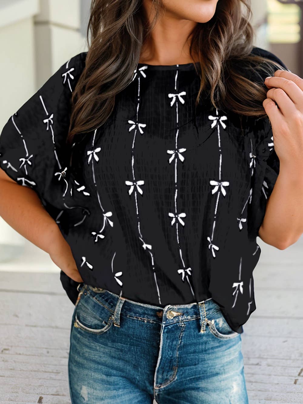 Bow Print Puff Short Sleeve Top