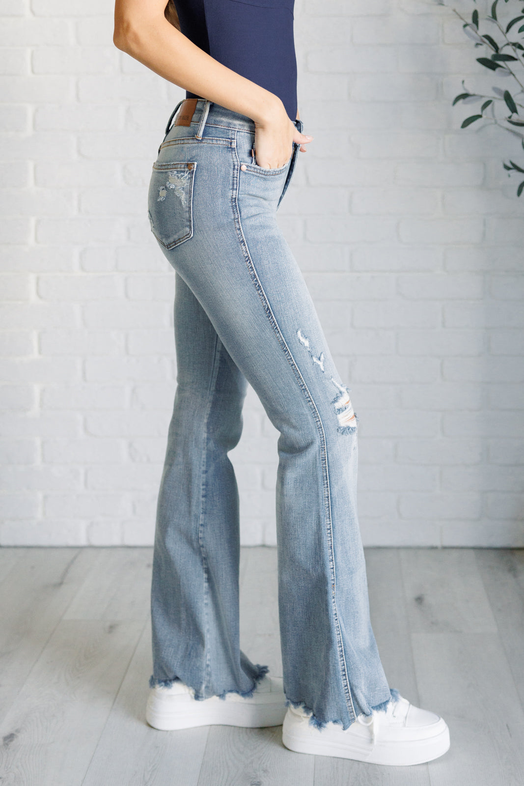 Caroline Mid Rise Control Top Distressed Flare Jeans