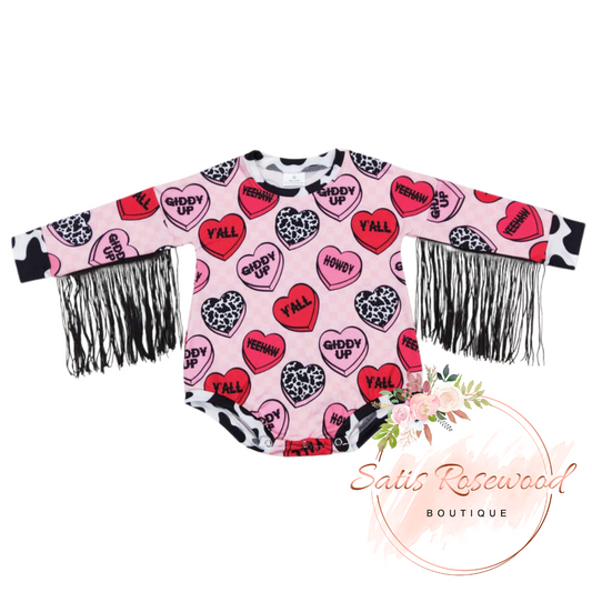 KIDS PREORDER: Howdy Valentine's Cow Print Fringe Top