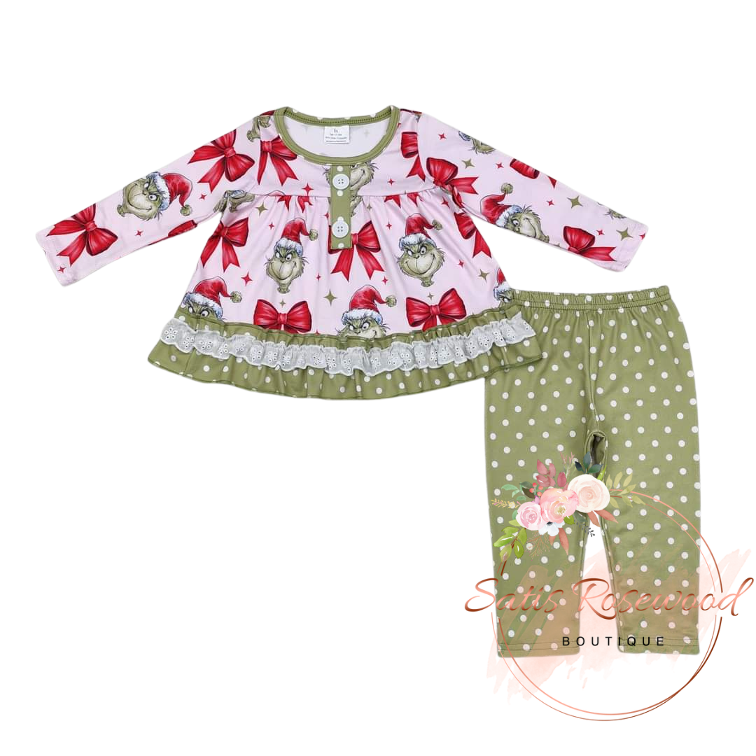 KIDS PREORDER: Grinch Bow Print Set