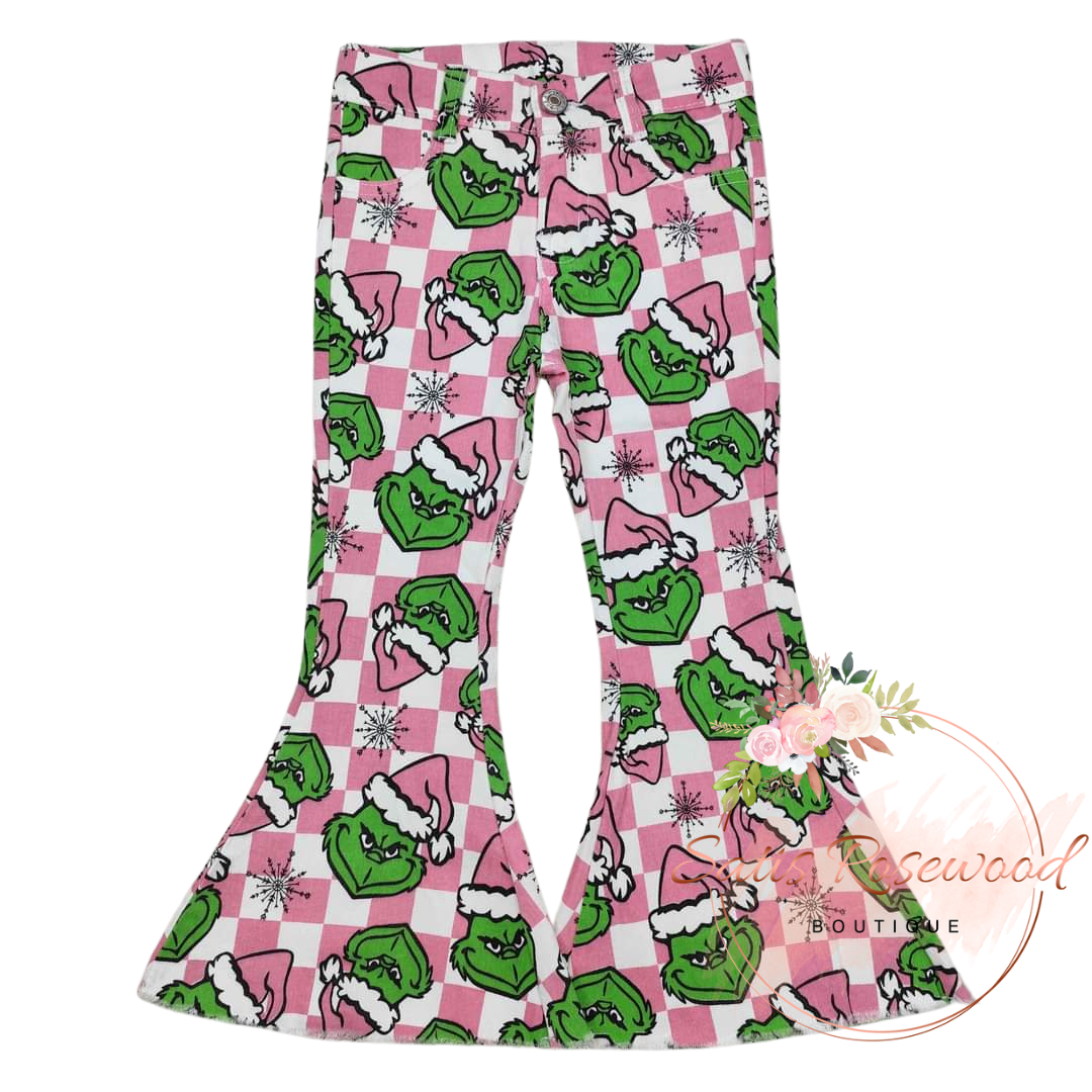 KIDS PREORDER: Grinch Snowflake Pink Plaid Denim Pants