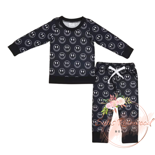 KIDS PREORDER: Lightning Smiley Face Black Long Sleeve Pants Set