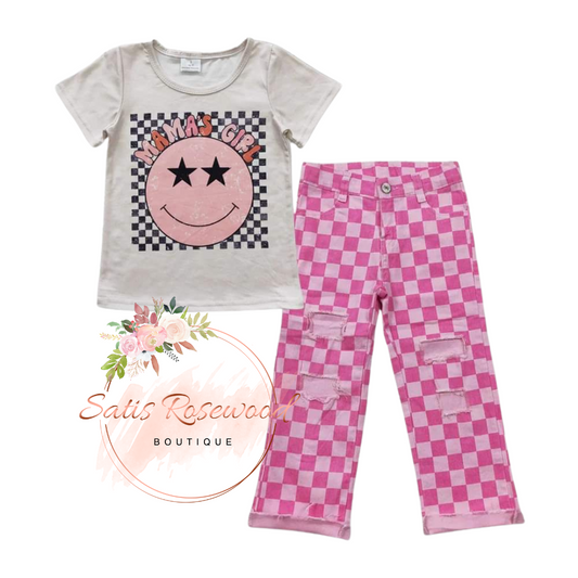 KIDS PREORDER: Pink Smiley Face Outfit With Pink Plaid Denim